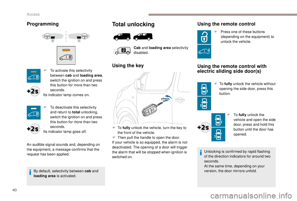 PEUGEOT EXPERT 2018 Owners Manual 40
Unlocking is confirmed by rapid flashing
of the direction indicators for around two
seconds.
At the same time, depending on your
version, the door mirrors unfold.
Programming
By default, selecti PEUGEOT EXPERT 2018 Owners Manual 40
Unlocking is confirmed by rapid flashing
of the direction indicators for around two
seconds.
At the same time, depending on your
version, the door mirrors unfold.
Programming
By default, selecti