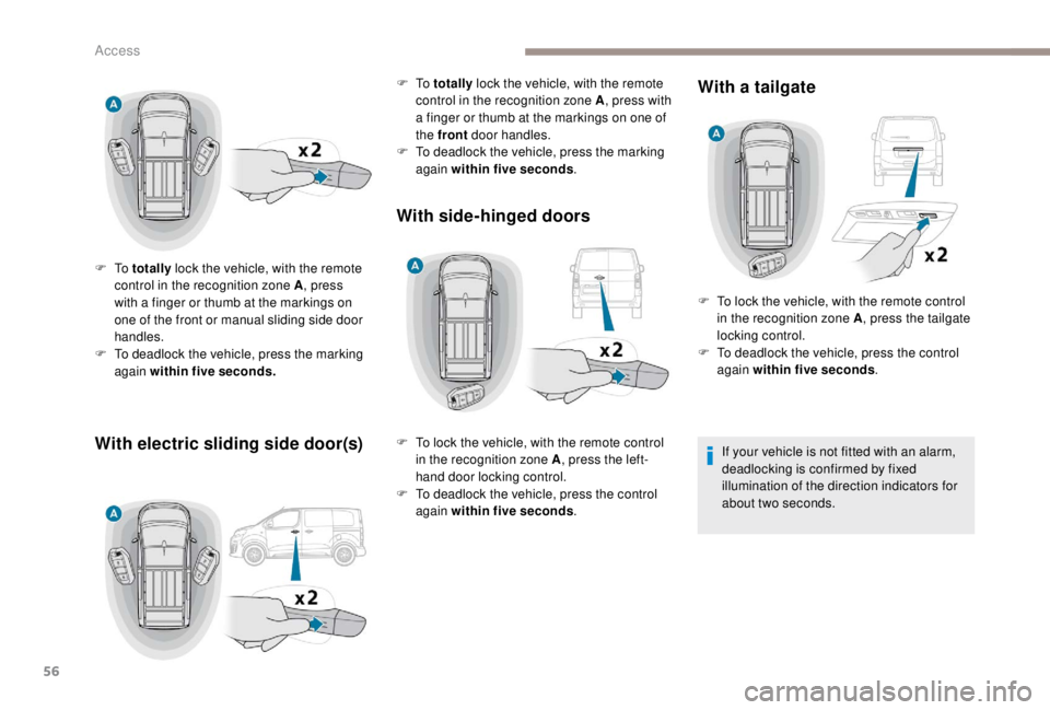 PEUGEOT EXPERT 2018 Owners Manual 56
F To totally lock the vehicle, with the remote
control in the recognition zone A , press
with a finger or thumb at the markings on
one of the front or manual sliding side door
handles.
F
T
PEUGEOT EXPERT 2018 Owners Manual 56
F To totally lock the vehicle, with the remote
control in the recognition zone A , press
with a finger or thumb at the markings on
one of the front or manual sliding side door
handles.
F
T