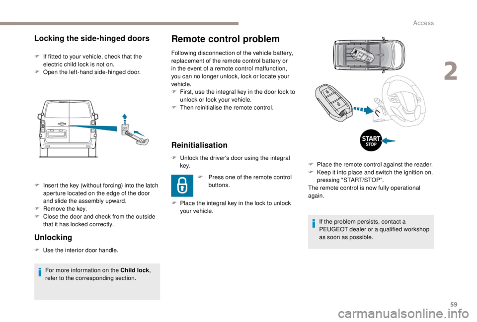 PEUGEOT EXPERT 2018 Owners Manual 59
Remote control problem
Following disconnection of the vehicle battery,
replacement of the remote control battery or
in the event of a remote control malfunction,
you can no longer unlock, lock o PEUGEOT EXPERT 2018 Owners Manual 59
Remote control problem
Following disconnection of the vehicle battery,
replacement of the remote control battery or
in the event of a remote control malfunction,
you can no longer unlock, lock o