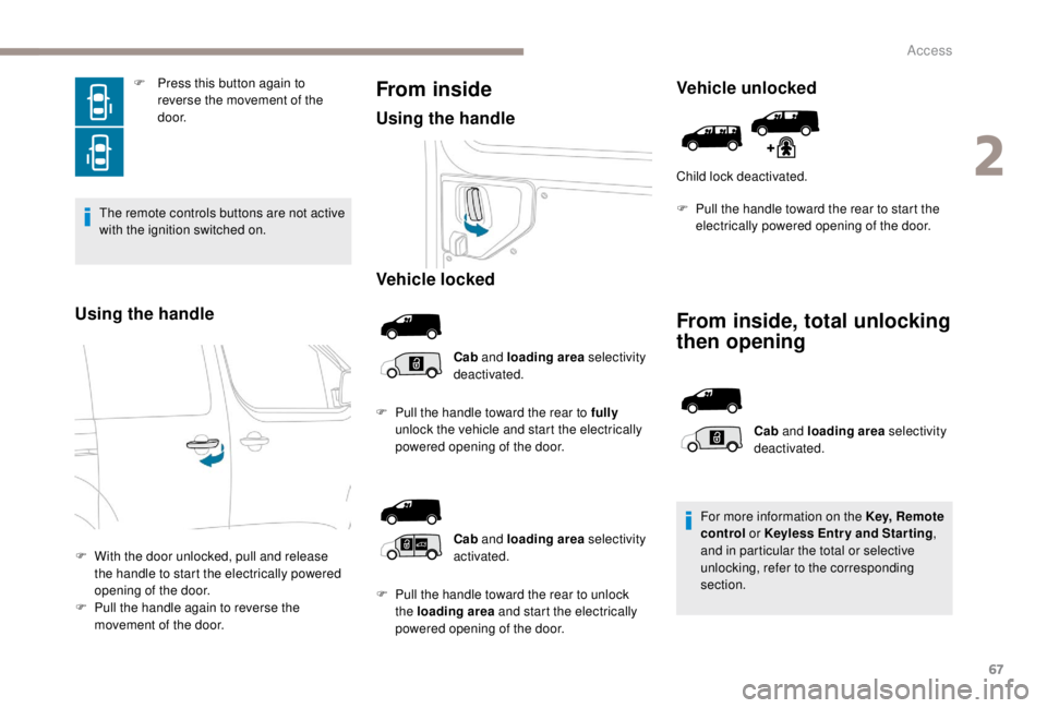 PEUGEOT EXPERT 2018 Owners Manual 67
F Press this button again to reverse the movement of the
d o o r.
The remote controls buttons are not active
with the ignition switched on.
Using the handle
F With the door unlocked, pull and rel PEUGEOT EXPERT 2018 Owners Manual 67
F Press this button again to reverse the movement of the
d o o r.
The remote controls buttons are not active
with the ignition switched on.
Using the handle
F With the door unlocked, pull and rel