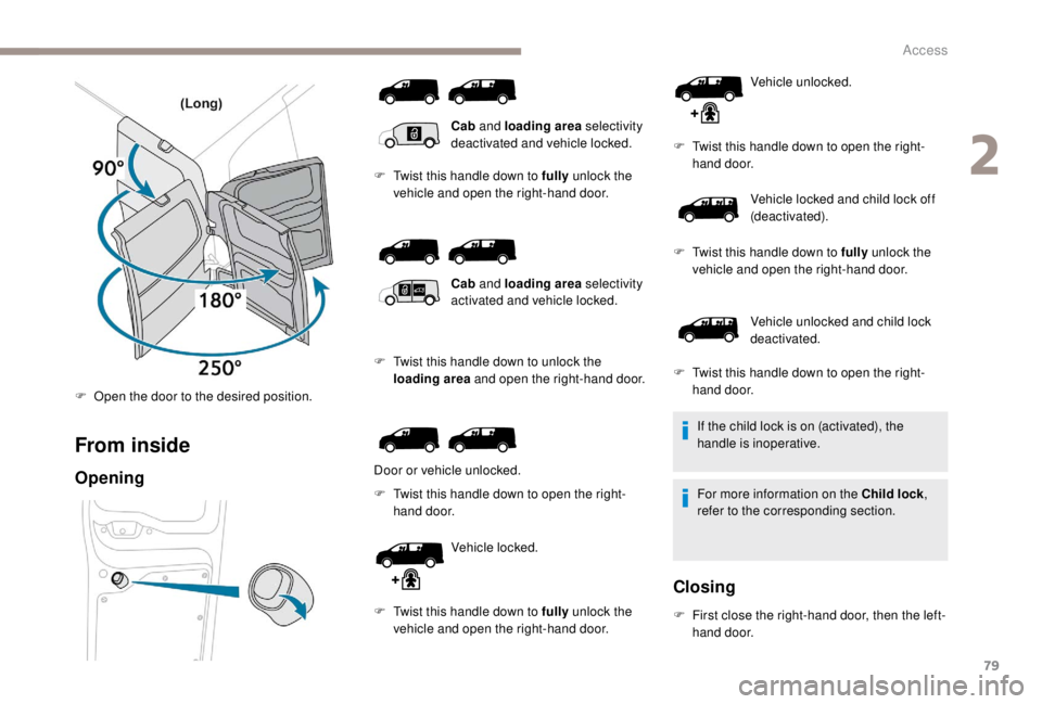 PEUGEOT EXPERT 2018 Owners Manual 79
From inside
Opening
Cab and loading area selectivity
deactivated and vehicle locked.
F
T
wist this handle down to fully unlock the
vehicle and open the right-hand door.
F
T
wist this hand PEUGEOT EXPERT 2018 Owners Manual 79
From inside
Opening
Cab and loading area selectivity
deactivated and vehicle locked.
F
T
wist this handle down to fully unlock the
vehicle and open the right-hand door.
F
T
wist this hand