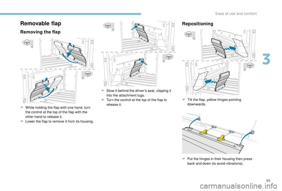 PEUGEOT EXPERT 2018  Owners Manual 95
Removable flap
Removing the flap
F While holding the flap with one hand, turn the control at the top of the flap with the 
other hand to release it.
F
 
L
 ower the flap to remove it from its housi