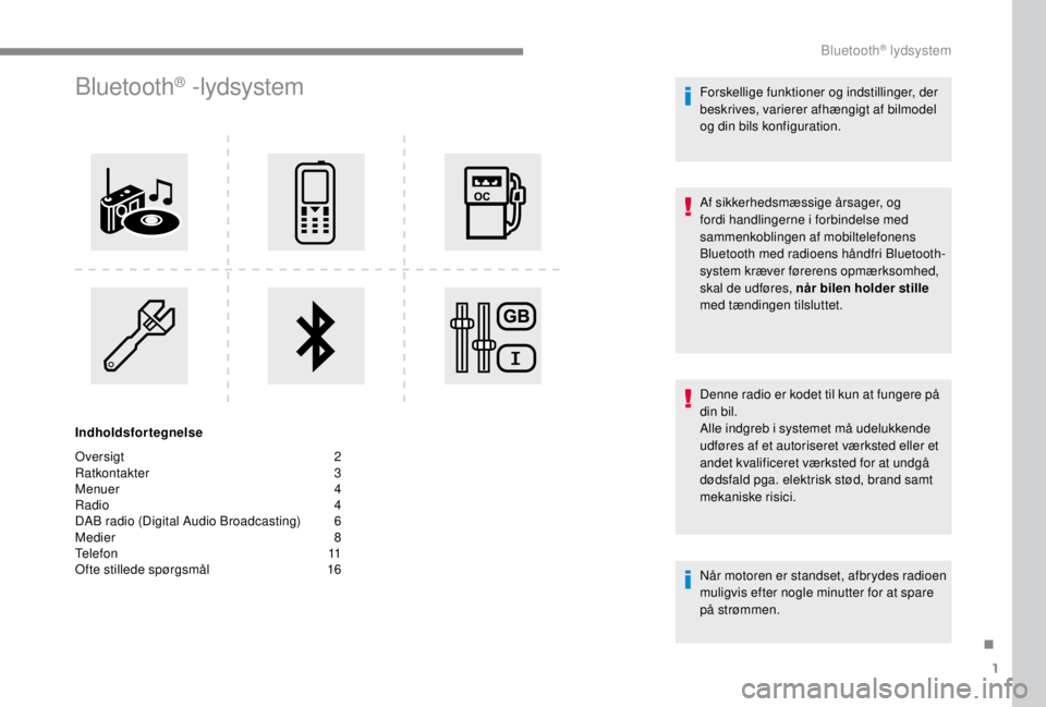 PEUGEOT EXPERT 2018  Brugsanvisning (in Danish) 1
Bluetooth® -lydsystem
Indholdsfortegnelse
Oversigt  
2
R

atkontakter   
3
M

enuer   
4
R

adio   
4
D

AB radio (Digital Audio Broadcasting)   
6
M

edier   
8
T

elefon   
1
 1
Ofte stillede sp