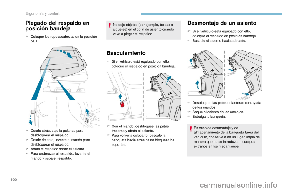 PEUGEOT EXPERT 2018 Manual del propietario (in Spanish) 100
Plegado del respaldo en
posición bandeja
F Coloque los reposacabezas en la posición baja.
F
D
esde atrás, baje la palanca para
desbloquear el respaldo.
F
D
esde delante, levante el mand PEUGEOT EXPERT 2018 Manual del propietario (in Spanish) 100
Plegado del respaldo en
posición bandeja
F Coloque los reposacabezas en la posición baja.
F
D
esde atrás, baje la palanca para
desbloquear el respaldo.
F
D
esde delante, levante el mand