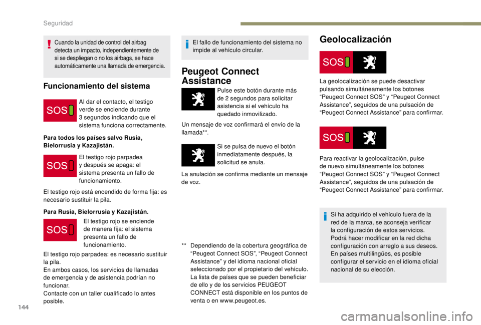 PEUGEOT EXPERT 2018 Manual del propietario (in Spanish) 144
Geolocalización
Pulse este botón durante más
de 2 segundos para solicitar
asistencia si el vehículo ha
quedado inmovilizado.
Un mensaje de voz confirmará el envío de la
llamada**.
Si se PEUGEOT EXPERT 2018 Manual del propietario (in Spanish) 144
Geolocalización
Pulse este botón durante más
de 2 segundos para solicitar
asistencia si el vehículo ha
quedado inmovilizado.
Un mensaje de voz confirmará el envío de la
llamada**.
Si se