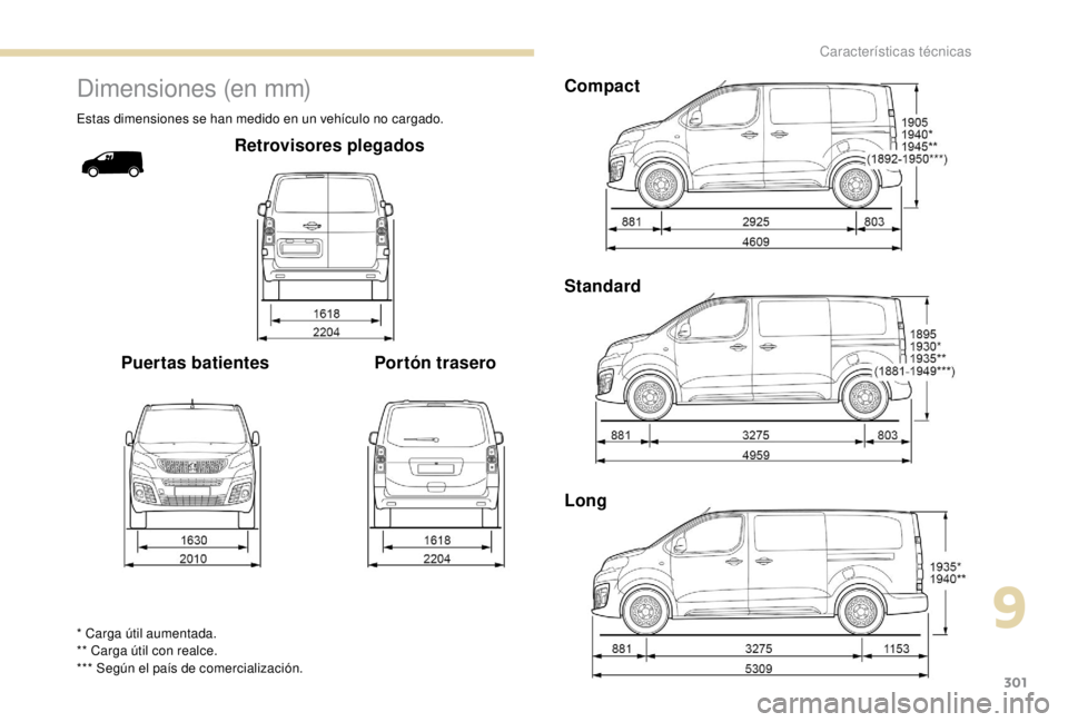 PEUGEOT EXPERT 2018  Manual del propietario (in Spanish) 301
Dimensiones (en mm)
Estas dimensiones se han medido en un vehículo no cargado.
Retrovisores plegados
Puertas batientes Portón trasero
* Carga útil aumentada.
** Carga útil con realce.
*** Seg