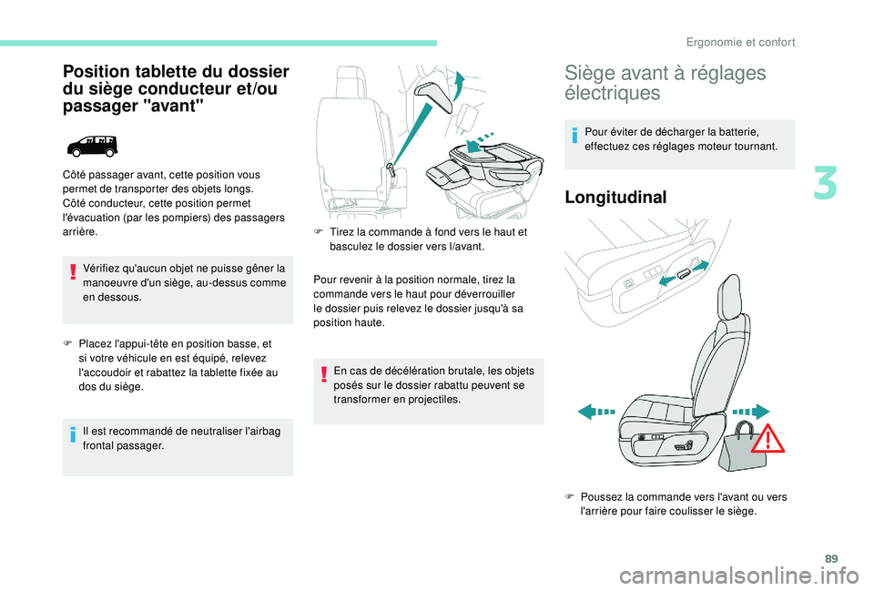 PEUGEOT EXPERT 2018  Manuel du propriétaire (in French) 89
Position tablette du dossier 
du siège conducteur et/ou 
passager "avant"
Vérifiez qu'aucun objet ne puisse gêner la 
manoeuvre d'un siège, au-dessus comme 
en dessous.
F
 
P
 l