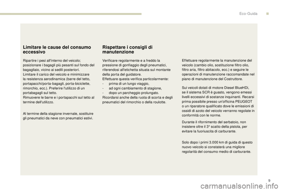 PEUGEOT EXPERT 2018 Manuale duso (in Italian) 9
Limitare le cause del consumo
eccessivo
Ripartire i pesi all'interno del veicolo;
posizionare i bagagli più pesanti sul fondo del
bagagliaio, vicino ai sedili posteriori.
Limitare il carico PEUGEOT EXPERT 2018 Manuale duso (in Italian) 9
Limitare le cause del consumo
eccessivo
Ripartire i pesi all'interno del veicolo;
posizionare i bagagli più pesanti sul fondo del
bagagliaio, vicino ai sedili posteriori.
Limitare il carico