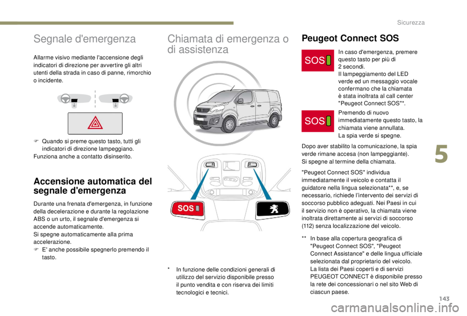 PEUGEOT EXPERT 2018  Manuale duso (in Italian) 143
Segnale d'emergenza
Allarme visivo mediante l'accensione degli 
indicatori di direzione per avvertire gli altri 
utenti della strada in caso di panne, rimorchio 
o incidente.
F 
Q
 uando s
