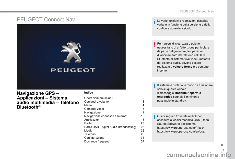 PEUGEOT EXPERT 2018  Manuale duso (in Italian) 1
PEUGEOT Connect Nav
Navigazione GPS – 
Applicazioni – Sistema 
audio multimedia – Telefono 
Bluetooth
®
Indice
Operazioni preliminari  
2
C

omandi a volante   
3
M

enu   
4
C

omandi vocali