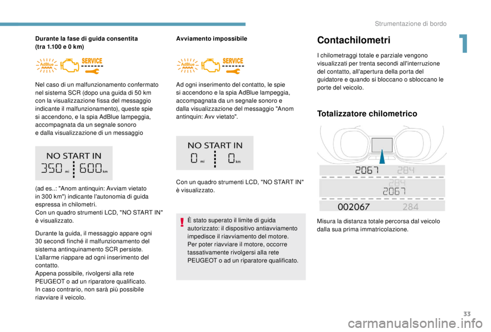 PEUGEOT EXPERT 2018  Manuale duso (in Italian) 33
Durante la fase di guida consentita  
(tra 1.100  e 0   km)
Nel caso di un malfunzionamento confermato 
nel sistema SCR (dopo una guida di 50
  km 
con la visualizzazione fissa del messaggio 
indic