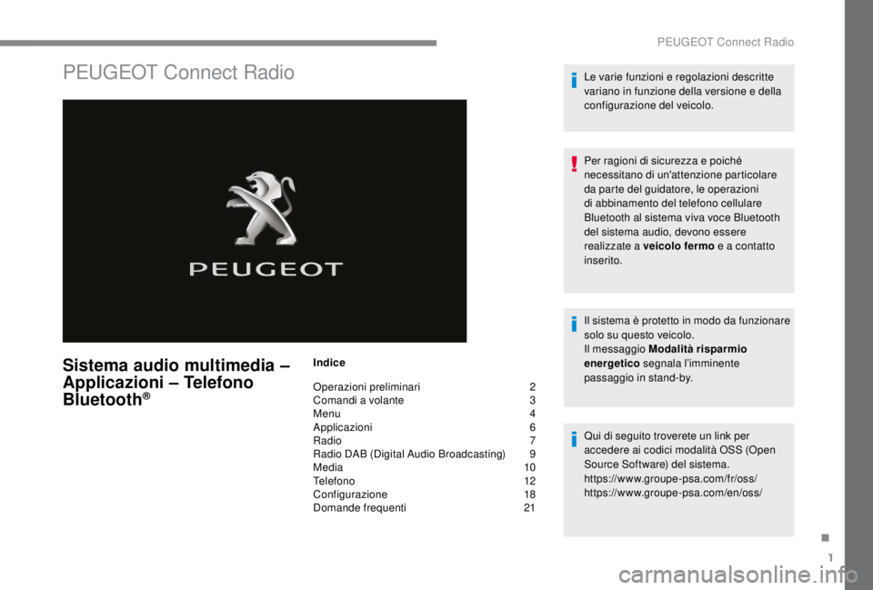 PEUGEOT EXPERT 2018  Manuale duso (in Italian) 1
PEUGEOT Connect Radio
Sistema audio multimedia –  
Applicazioni – Telefono 
Bluetooth
®
Indice
Operazioni preliminari 
 
2
C

omandi a volante   
3
M

enu   
4
A

pplicazioni   
6
R

adio   
7

