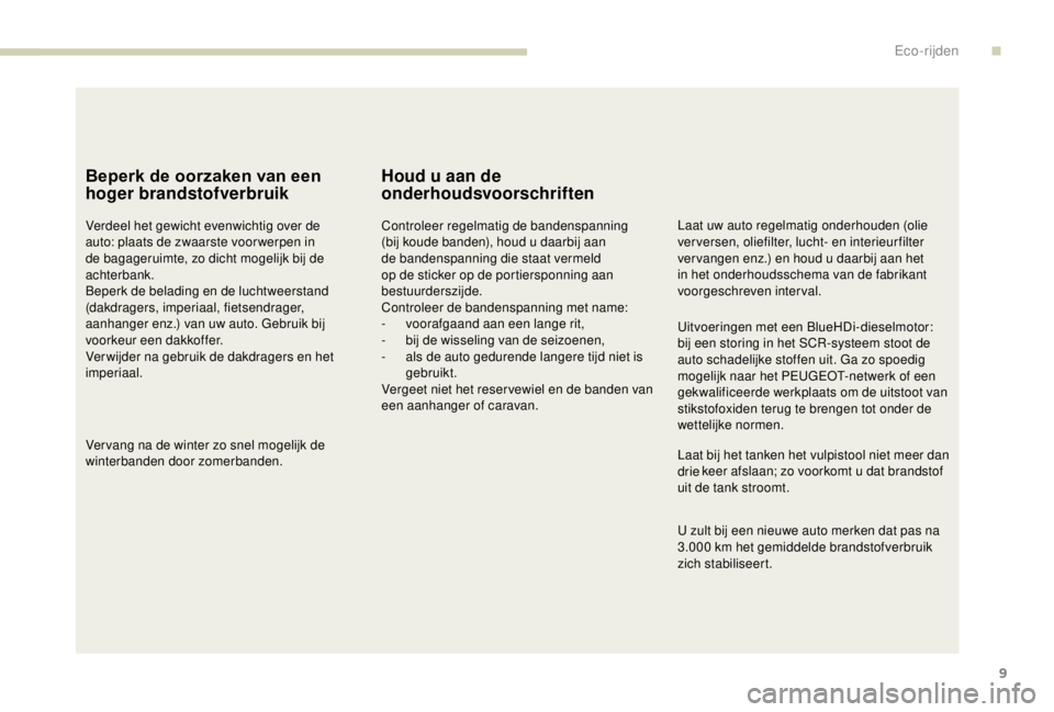 PEUGEOT EXPERT 2018 Instructieboekje (in Dutch) 9
Beperk de oorzaken van een
hoger brandstofverbruik
Verdeel het gewicht evenwichtig over de
auto: plaats de zwaarste voor werpen in
de bagageruimte, zo dicht mogelijk bij de
achterbank.
Beperk de PEUGEOT EXPERT 2018 Instructieboekje (in Dutch) 9
Beperk de oorzaken van een
hoger brandstofverbruik
Verdeel het gewicht evenwichtig over de
auto: plaats de zwaarste voor werpen in
de bagageruimte, zo dicht mogelijk bij de
achterbank.
Beperk de
