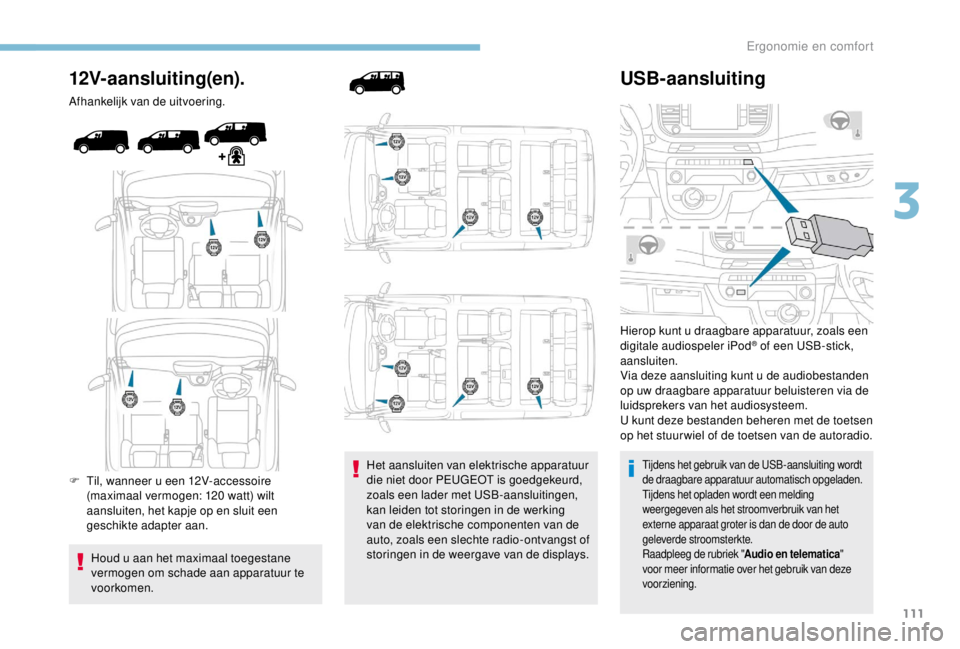 PEUGEOT EXPERT 2018  Instructieboekje (in Dutch) 111
12V-aansluiting(en).
Afhankelijk van de uitvoering.
F 
T
 il, wanneer u een 12V-accessoire 
(maximaal vermogen: 120
  watt) wilt 
aansluiten, het kapje op en sluit een 
geschikte adapter aan.
Houd