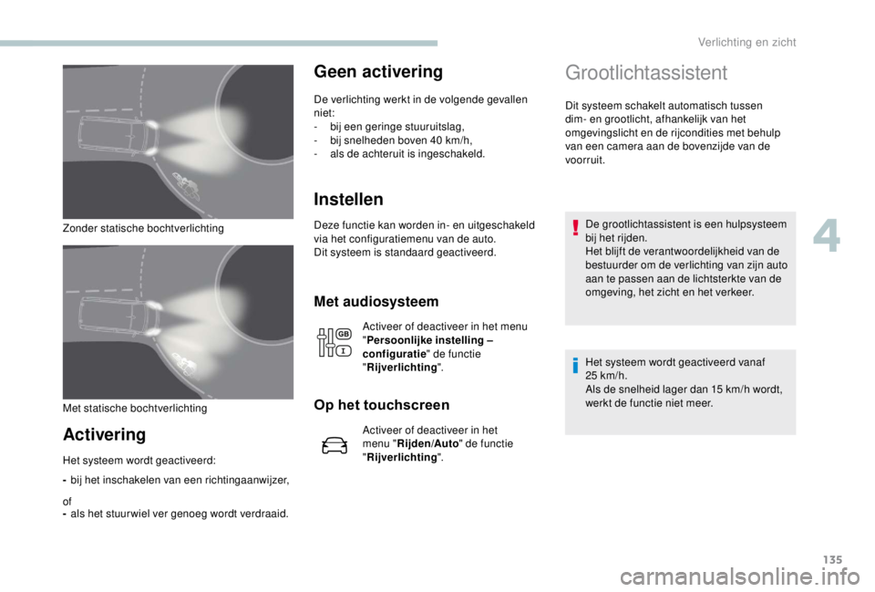 PEUGEOT EXPERT 2018 Instructieboekje (in Dutch) 135
Zonder statische bochtverlichting
Activering
-bij het inschakelen van een richtingaanwijzer,
of
- als het stuur wiel ver genoeg wordt verdraaid.
Geen activering
De verlichting werkt in de volgende PEUGEOT EXPERT 2018 Instructieboekje (in Dutch) 135
Zonder statische bochtverlichting
Activering
-bij het inschakelen van een richtingaanwijzer,
of
- als het stuur wiel ver genoeg wordt verdraaid.
Geen activering
De verlichting werkt in de volgende