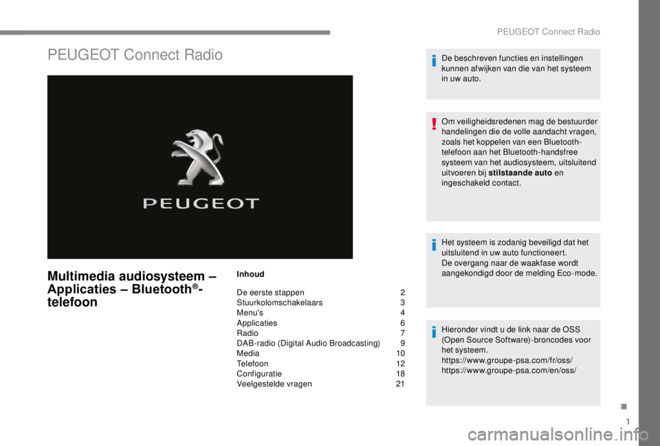 PEUGEOT EXPERT 2018  Instructieboekje (in Dutch) 1
PEUGEOT Connect Radio
Multimedia audiosysteem –  
Applicaties – Bluetooth®-
telefoon
Inhoud
De eerste stappen 
 
2
St

uurkolomschakelaars   
3
M

enu's   
4
A

pplicaties   
6
R

adio   
7