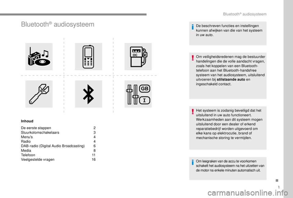 PEUGEOT EXPERT 2018  Instructieboekje (in Dutch) 1
Bluetooth® audiosysteem
Inhoud
De eerste stappen  
2
St

uurkolomschakelaars   
3
M

enu's   
4
R

adio   
4
D

AB-radio (Digital Audio Broadcasting)   
6
M

edia   
8
T

elefoon   
1
 1
Veelge