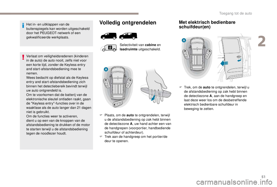 PEUGEOT EXPERT 2018 Instructieboekje (in Dutch) 51
Het in- en uitklappen van de
buitenspiegels kan worden uitgeschakeld
door het PEUGEOT-netwerk of een
gekwalificeerde werkplaats.
Verlaat om veiligheidsredenen (kinderen
in de auto) de auto nooi PEUGEOT EXPERT 2018 Instructieboekje (in Dutch) 51
Het in- en uitklappen van de
buitenspiegels kan worden uitgeschakeld
door het PEUGEOT-netwerk of een
gekwalificeerde werkplaats.
Verlaat om veiligheidsredenen (kinderen
in de auto) de auto nooi