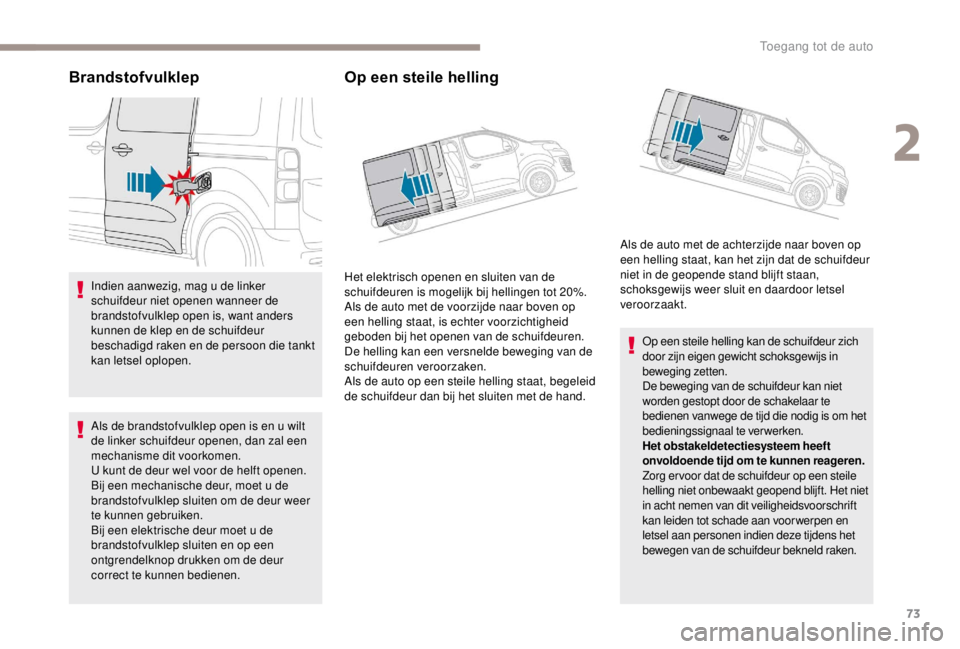 PEUGEOT EXPERT 2018 Instructieboekje (in Dutch) 73
Brandstofvulklep
Indien aanwezig, mag u de linker
schuifdeur niet openen wanneer de
brandstofvulklep open is, want anders
kunnen de klep en de schuifdeur
beschadigd raken en de persoon die tank PEUGEOT EXPERT 2018 Instructieboekje (in Dutch) 73
Brandstofvulklep
Indien aanwezig, mag u de linker
schuifdeur niet openen wanneer de
brandstofvulklep open is, want anders
kunnen de klep en de schuifdeur
beschadigd raken en de persoon die tank