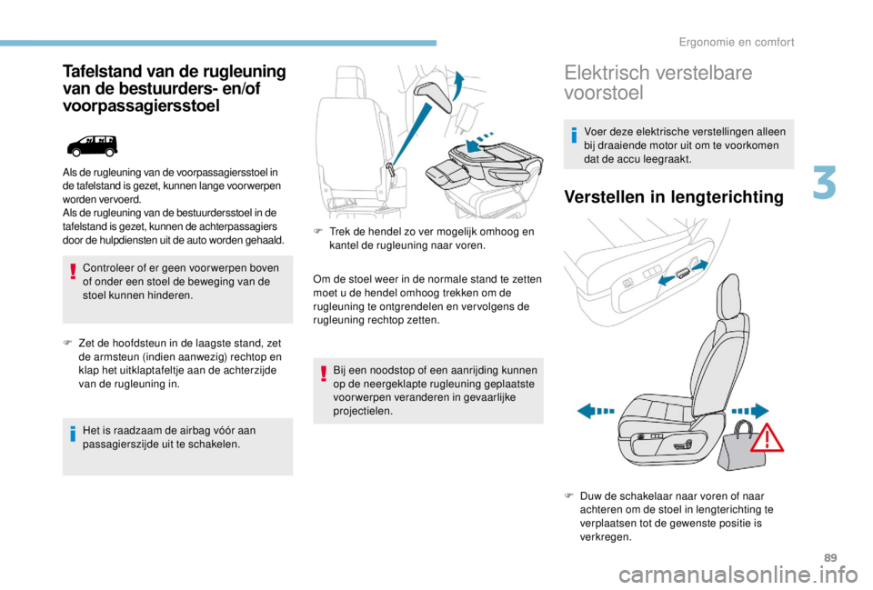 PEUGEOT EXPERT 2018 Instructieboekje (in Dutch) 89
Tafelstand van de rugleuning
van de bestuurders- en/of
voorpassagiersstoel
Controleer of er geen voor werpen boven
of onder een stoel de beweging van de
stoel kunnen hinderen.
F
Z
et de hoof PEUGEOT EXPERT 2018 Instructieboekje (in Dutch) 89
Tafelstand van de rugleuning
van de bestuurders- en/of
voorpassagiersstoel
Controleer of er geen voor werpen boven
of onder een stoel de beweging van de
stoel kunnen hinderen.
F
Z
et de hoof