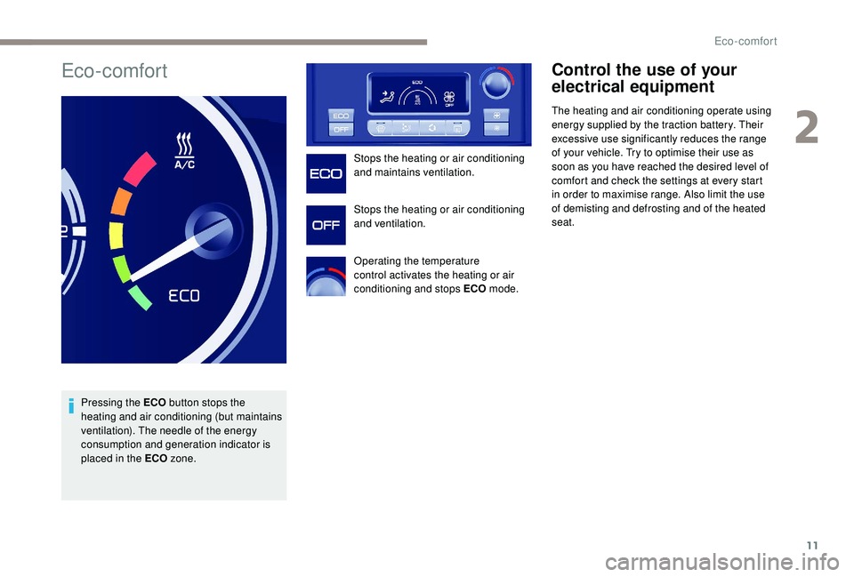 PEUGEOT PARTNER TEPEE ELECTRIC 2017  Owners Manual 11
Eco-comfort
Pressing the ECO button stops the 
heating and air conditioning (but maintains 
ventilation). The needle of the energy 
consumption and generation indicator is 
placed in the ECO  zone.