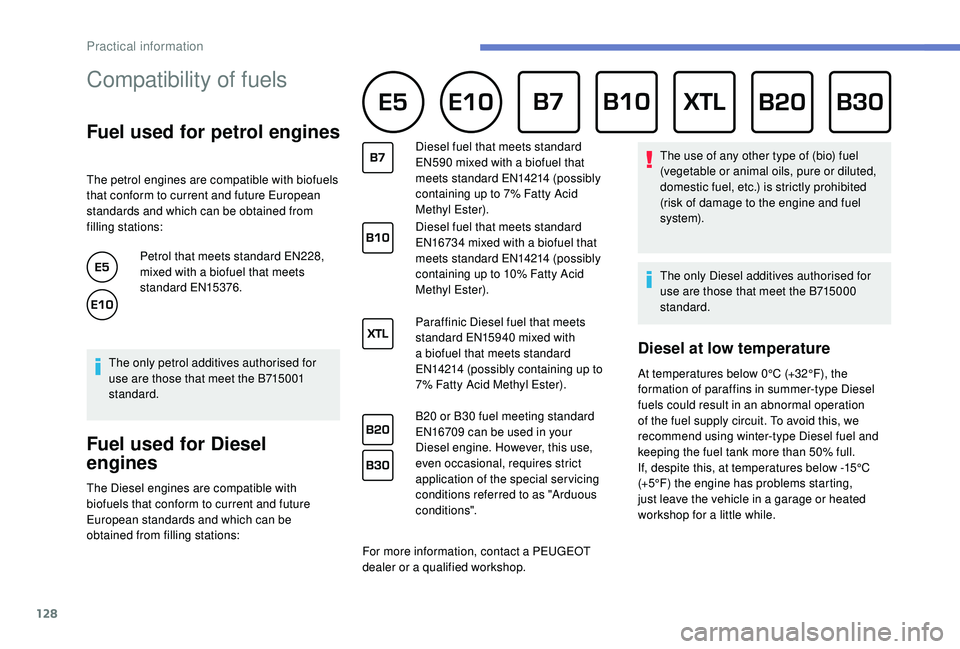 PEUGEOT PARTNER TEPEE ELECTRIC 2017  Owners Manual 128
Compatibility of fuels 
Fuel used for petrol engines
The petrol engines are compatible with biofuels 
that conform to current and future European 
standards and which can be obtained from 
filling