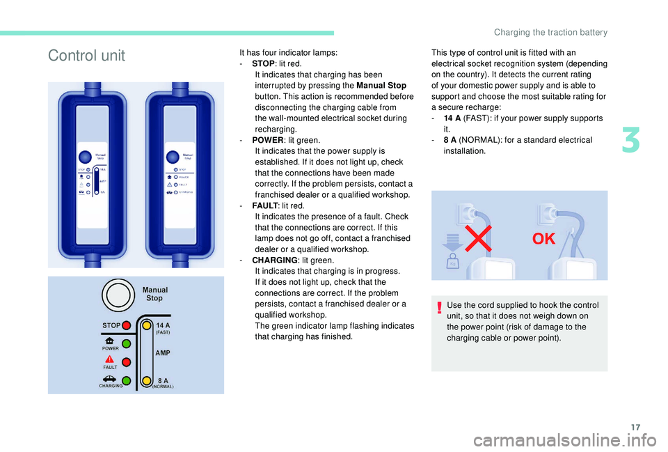 PEUGEOT PARTNER TEPEE ELECTRIC 2017  Owners Manual 17
Control unitIt has four indicator lamps:
- S TOP: lit red.
It indicates that charging has been 
interrupted by pressing the Manual Stop  
button. This action is recommended before 
disconnecting th