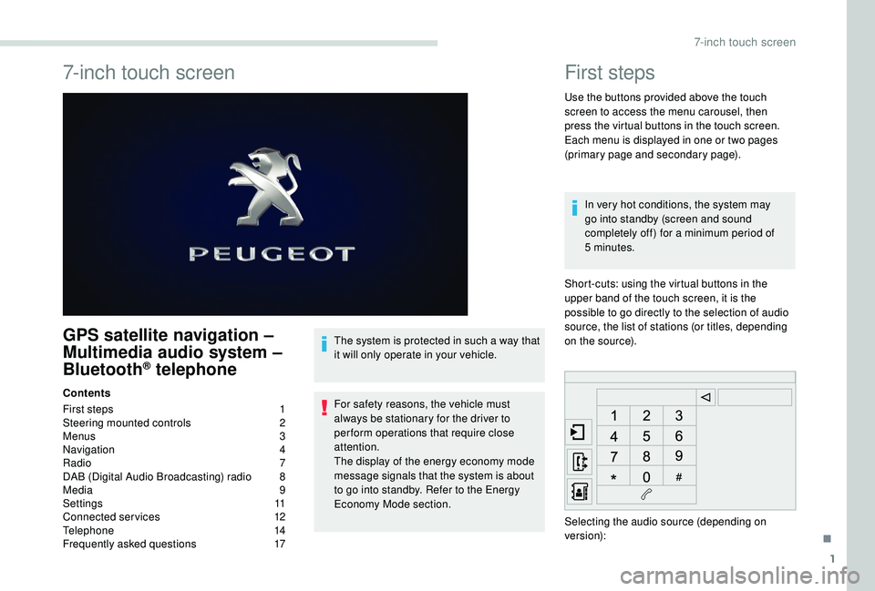 PEUGEOT PARTNER TEPEE ELECTRIC 2017  Owners Manual 1
7-inch touch screen
GPS satellite navigation – 
Multimedia audio system – 
Bluetooth
® telephone
Contents
First steps 
1
S

teering mounted controls  
2
M

enus  
3
N

avigation
 
 4
Radio
  7
