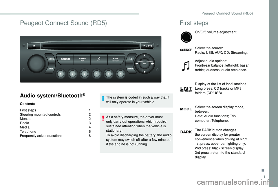 PEUGEOT PARTNER TEPEE ELECTRIC 2017  Owners Manual 1
Peugeot Connect Sound (RD5)
Audio system/Bluetooth®
Contents
First steps 
1
S

teering mounted controls  
2
M

enus  
2
R

adio   3
Media
  4
Telephone
 

6
Frequently asked questions
 
8T

he syst
