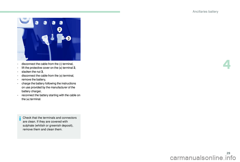 PEUGEOT PARTNER TEPEE ELECTRIC 2017  Owners Manual 29
Check that the terminals and connectors 
are clean. If they are covered with 
sulphate (whitish or greenish deposit), 
remove them and clean them.
-
 
d
 isconnect the cable from the (
-) terminal,