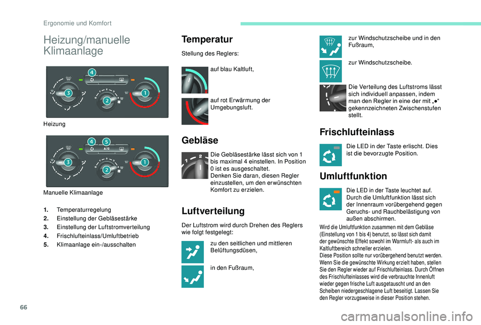 PEUGEOT PARTNER TEPEE ELECTRIC 2017 Betriebsanleitungen (in German) 66
1.Temperaturregelung
2. Einstellung der Gebläsestärke
3. Einstellung der Luftstromverteilung
4. Frischlufteinlass/Umluftbetrieb
5. Klimaanlage ein-/ausschalten
Temperatur
Stellung des Reglers:
au PEUGEOT PARTNER TEPEE ELECTRIC 2017 Betriebsanleitungen (in German) 66
1.Temperaturregelung
2. Einstellung der Gebläsestärke
3. Einstellung der Luftstromverteilung
4. Frischlufteinlass/Umluftbetrieb
5. Klimaanlage ein-/ausschalten
Temperatur
Stellung des Reglers:
au
