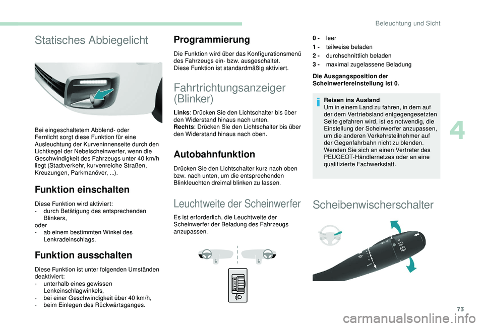 PEUGEOT PARTNER TEPEE ELECTRIC 2017 Betriebsanleitungen (in German) 73
Statisches Abbiegelicht
Bei eingeschaltetem Abblend- oder
Fernlicht sorgt diese Funktion für eine
Ausleuchtung der Kurveninnenseite durch den
Lichtkegel der Nebelscheinwerfer, wenn die
Geschwi PEUGEOT PARTNER TEPEE ELECTRIC 2017 Betriebsanleitungen (in German) 73
Statisches Abbiegelicht
Bei eingeschaltetem Abblend- oder
Fernlicht sorgt diese Funktion für eine
Ausleuchtung der Kurveninnenseite durch den
Lichtkegel der Nebelscheinwerfer, wenn die
Geschwi