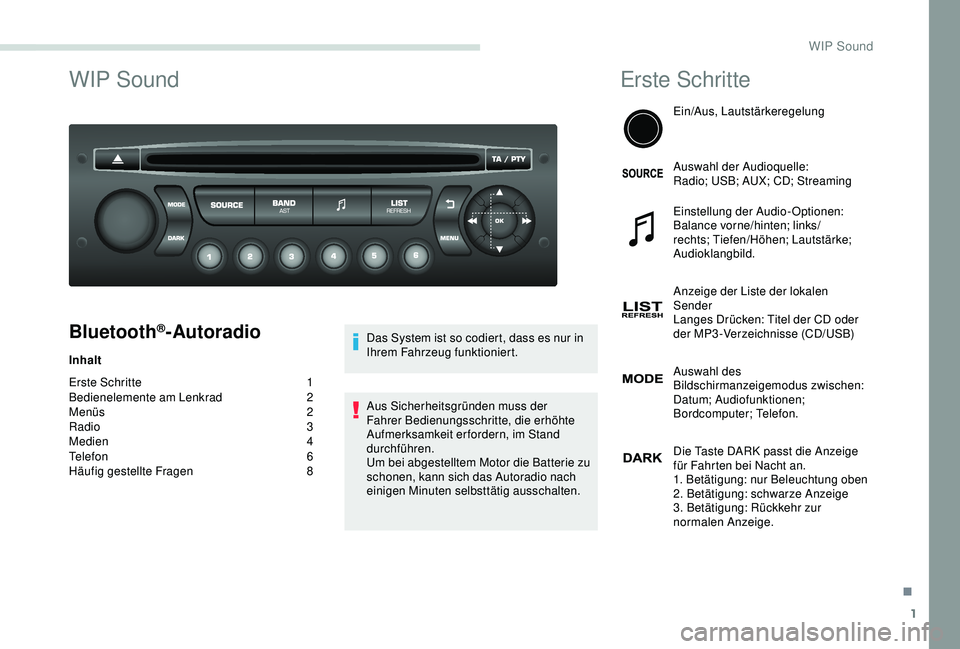 PEUGEOT PARTNER TEPEE ELECTRIC 2017 Betriebsanleitungen (in German) 1
WIP Sound
Bluetooth®-Autoradio
Inhalt
Erste Schritte
1
B
edienelemente am Lenkrad
2
M
enüs
2
R
adio 3
Medien
4
Telefon
6
H
äufig gestellte Fragen
8 D
as System ist so codiert, das PEUGEOT PARTNER TEPEE ELECTRIC 2017 Betriebsanleitungen (in German) 1
WIP Sound
Bluetooth®-Autoradio
Inhalt
Erste Schritte
1
B
edienelemente am Lenkrad
2
M
enüs
2
R
adio 3
Medien
4
Telefon
6
H
äufig gestellte Fragen
8 D
as System ist so codiert, das