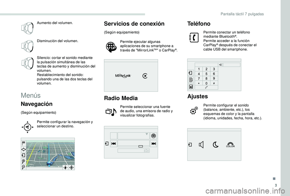 PEUGEOT PARTNER TEPEE ELECTRIC 2017  Manual del propietario (in Spanish) 3
Aumento del volumen.
Disminución del volumen.
Silencio: cortar el sonido mediante 
la pulsación simultánea de las 
teclas de aumento y disminución del 
volumen.
Restablecimiento del sonido: 
pul