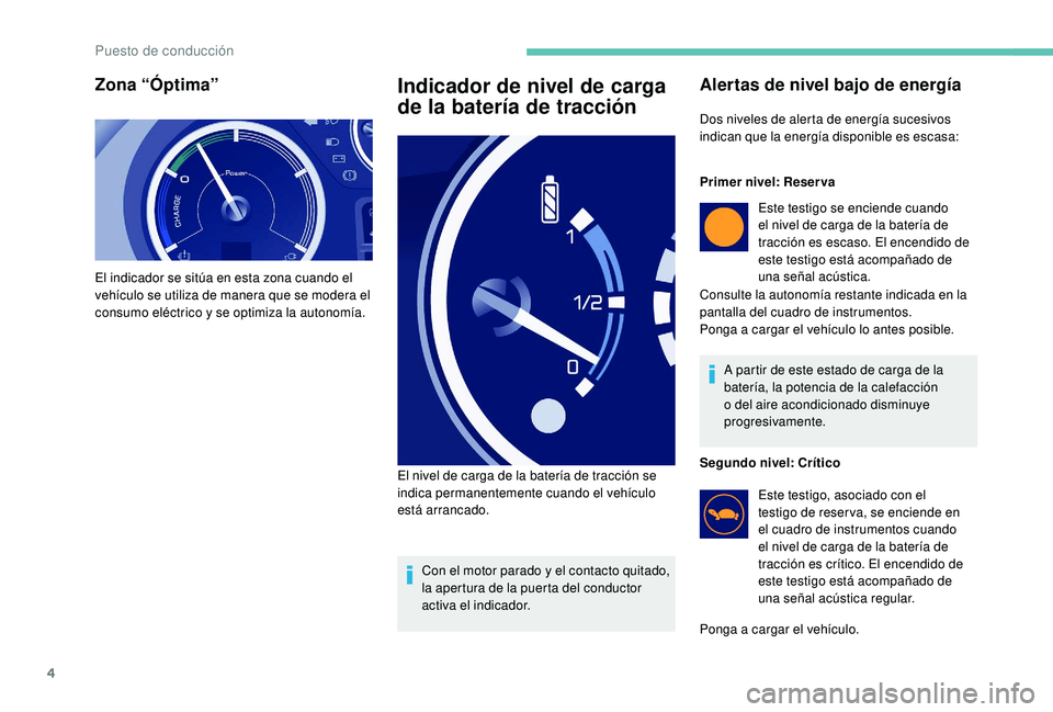 PEUGEOT PARTNER TEPEE ELECTRIC 2017 Manual del propietario (in Spanish) 4
Zona “Óptima”
El indicador se sitúa en esta zona cuando el
vehículo se utiliza de manera que se modera el
consumo eléctrico y se optimiza la autonomía.
Indicador de nivel de carga
de la PEUGEOT PARTNER TEPEE ELECTRIC 2017 Manual del propietario (in Spanish) 4
Zona “Óptima”
El indicador se sitúa en esta zona cuando el
vehículo se utiliza de manera que se modera el
consumo eléctrico y se optimiza la autonomía.
Indicador de nivel de carga
de la