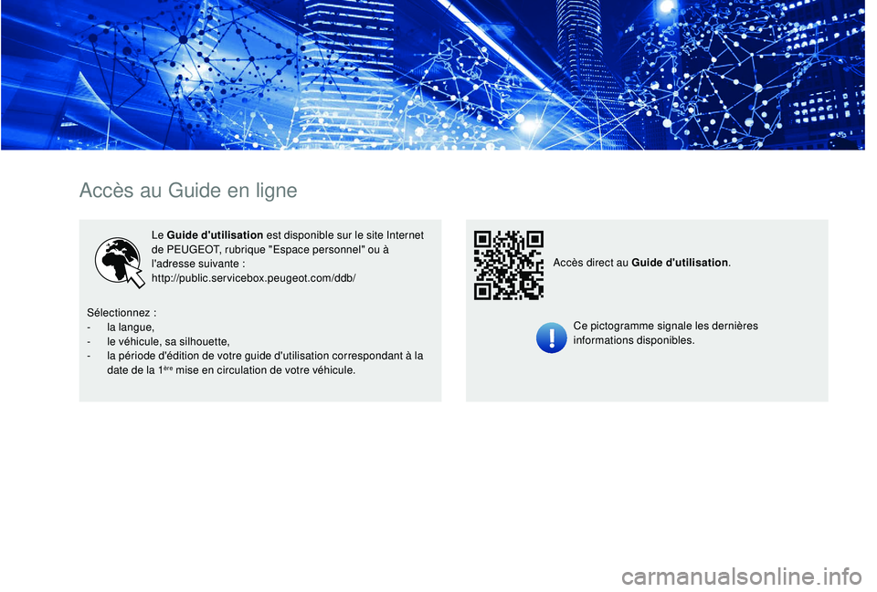 PEUGEOT PARTNER TEPEE ELECTRIC 2017  Manuel du propriétaire (in French) Accès au Guide en ligne
Le Guide d'utilisation est disponible sur le site Internet 
de PEUGEOT, rubrique "Espace personnel" ou à 
l'adresse suivante :
http://public.servicebox.peugeo