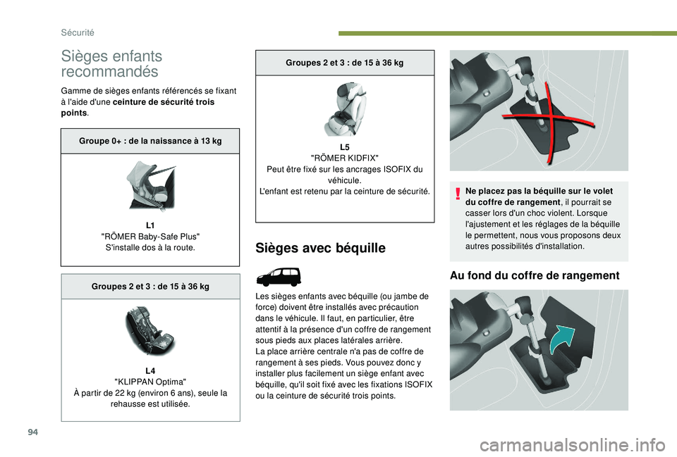 PEUGEOT PARTNER TEPEE ELECTRIC 2017 Manuel du propriétaire (in French) 94
Sièges enfants
recommandés
Gamme de sièges enfants référencés se fixant
à l'aide d'une ceinture de sécurité trois
points.
Sièges avec béquille
Les sièges enfants avec béquil PEUGEOT PARTNER TEPEE ELECTRIC 2017 Manuel du propriétaire (in French) 94
Sièges enfants
recommandés
Gamme de sièges enfants référencés se fixant
à l'aide d'une ceinture de sécurité trois
points.
Sièges avec béquille
Les sièges enfants avec béquil