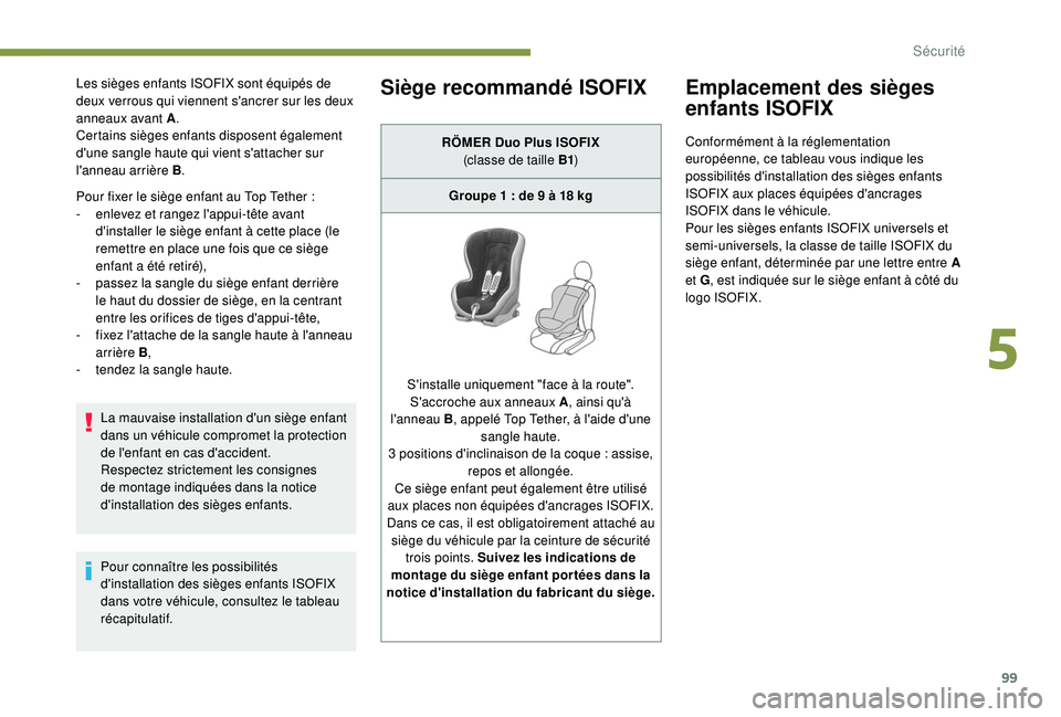 PEUGEOT PARTNER TEPEE ELECTRIC 2017 Manuel du propriétaire (in French) 99
Les sièges enfants ISOFIX sont équipés de
deux verrous qui viennent s'ancrer sur les deux
anneaux avant A.
Certains sièges enfants disposent également
d'une sangle haute qui vient s PEUGEOT PARTNER TEPEE ELECTRIC 2017 Manuel du propriétaire (in French) 99
Les sièges enfants ISOFIX sont équipés de
deux verrous qui viennent s'ancrer sur les deux
anneaux avant A.
Certains sièges enfants disposent également
d'une sangle haute qui vient s