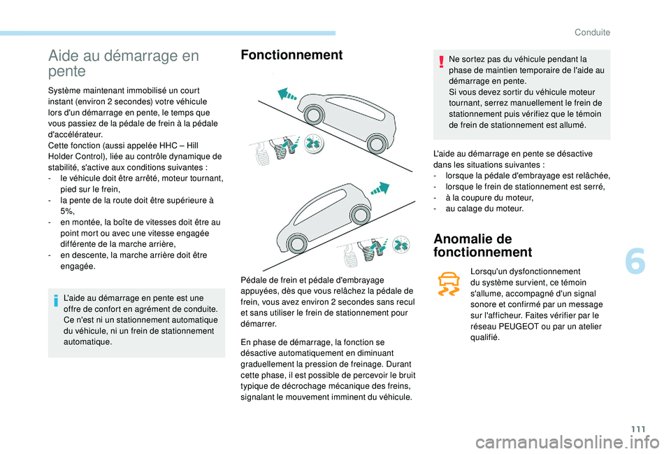 PEUGEOT PARTNER TEPEE ELECTRIC 2017 Manuel du propriétaire (in French) 111
Aide au démarrage en
pente
Système maintenant immobilisé un court
instant (environ 2 secondes) votre véhicule
lors d'un démarrage en pente, le temps que
vous passiez de la pédale de PEUGEOT PARTNER TEPEE ELECTRIC 2017 Manuel du propriétaire (in French) 111
Aide au démarrage en
pente
Système maintenant immobilisé un court
instant (environ 2 secondes) votre véhicule
lors d'un démarrage en pente, le temps que
vous passiez de la pédale de