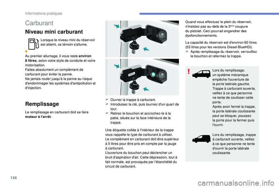 PEUGEOT PARTNER TEPEE ELECTRIC 2017 Manuel du propriétaire (in French) 126
Carburant
Niveau mini carburant
Lorsque le niveau mini du réser voir
est atteint, ce témoin s'allume.
Au premier allumage, il vous reste environ
8
litres , selon votre style de conduite PEUGEOT PARTNER TEPEE ELECTRIC 2017 Manuel du propriétaire (in French) 126
Carburant
Niveau mini carburant
Lorsque le niveau mini du réser voir
est atteint, ce témoin s'allume.
Au premier allumage, il vous reste environ
8
litres , selon votre style de conduite