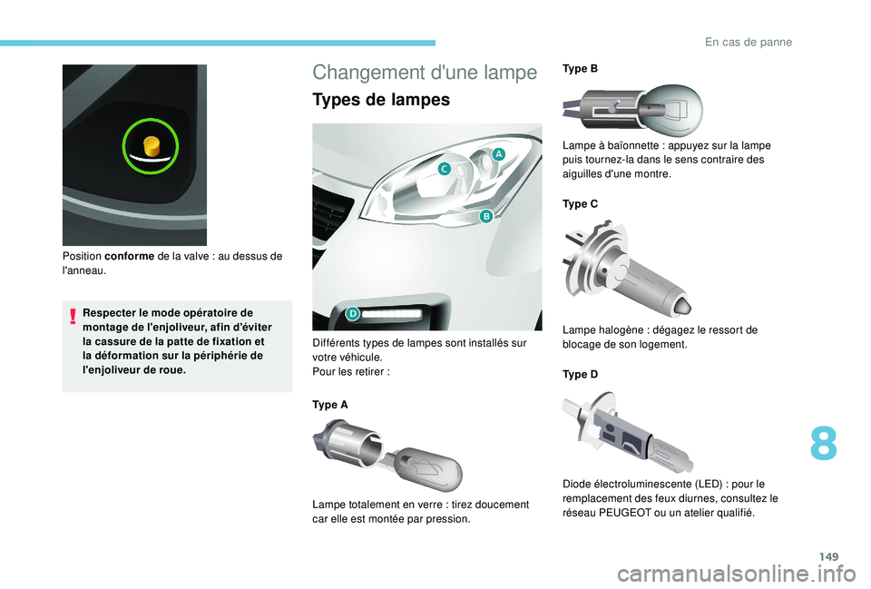 PEUGEOT PARTNER TEPEE ELECTRIC 2017  Manuel du propriétaire (in French) 149
Respecter le mode opératoire de 
montage de l'enjoliveur, afin d'éviter 
la cassure de la patte de fixation et 
la déformation sur la périphérie de 
l'enjoliveur de roue.
Position