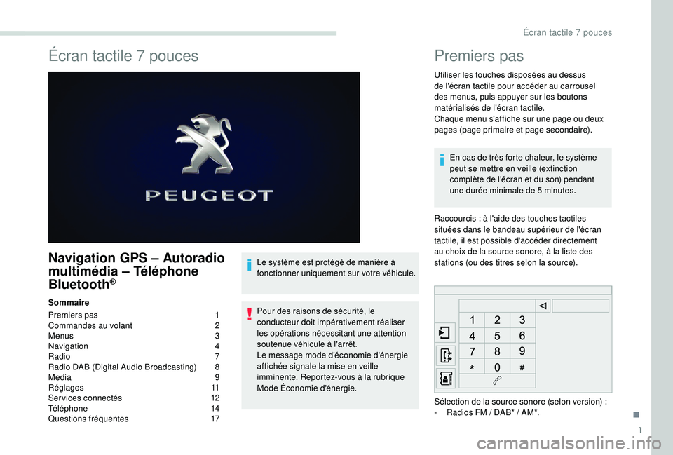 PEUGEOT PARTNER TEPEE ELECTRIC 2017 Manuel du propriétaire (in French) 1
Écran tactile 7 pouces
Navigation GPS – Autoradio
m ultimédia – Téléphone
Bluetooth
®
Sommaire
Premiers pas
1
C
ommandes au volant
2
M
enus
3
N
avigation
4
R
adio
7
R PEUGEOT PARTNER TEPEE ELECTRIC 2017 Manuel du propriétaire (in French) 1
Écran tactile 7 pouces
Navigation GPS – Autoradio
m ultimédia – Téléphone
Bluetooth
®
Sommaire
Premiers pas
1
C
ommandes au volant
2
M
enus
3
N
avigation
4
R
adio
7
R