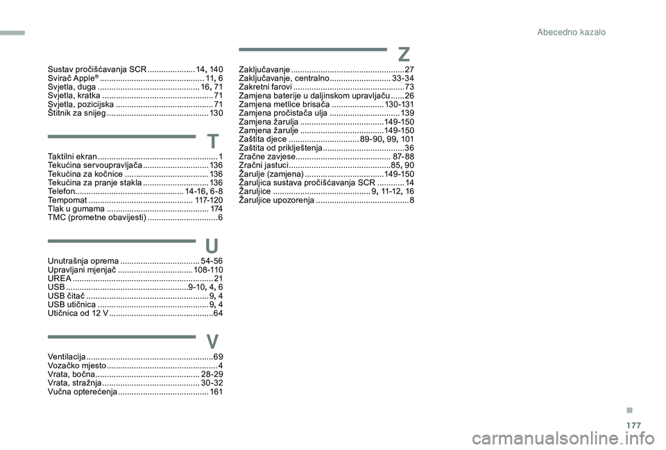 PEUGEOT PARTNER TEPEE ELECTRIC 2017 Upute Za Rukovanje (in Croatian) 177
Sustav pročišćavanja SCR .....................14, 140
Svirač Apple® ............................... ...............11, 6
Svjetla, duga
............................................. 16, 71
PEUGEOT PARTNER TEPEE ELECTRIC 2017 Upute Za Rukovanje (in Croatian) 177
Sustav pročišćavanja SCR .....................14, 140
Svirač Apple® ............................... ...............11, 6
Svjetla, duga
............................................. 16, 71