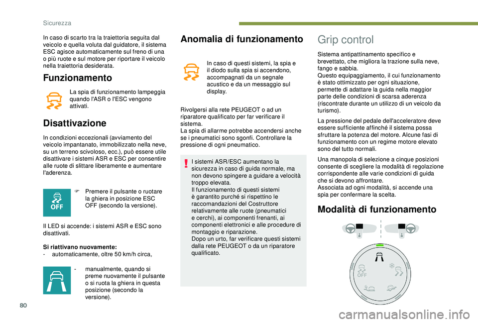 PEUGEOT PARTNER TEPEE ELECTRIC 2017 Manuale duso (in Italian) 80
Funzionamento
La spia di funzionamento lampeggia
quando l'ASR o l'ESC vengono
attivati.
Disattivazione
In condizioni eccezionali (avviamento del
veicolo impantanato, immobilizzato nella PEUGEOT PARTNER TEPEE ELECTRIC 2017 Manuale duso (in Italian) 80
Funzionamento
La spia di funzionamento lampeggia
quando l'ASR o l'ESC vengono
attivati.
Disattivazione
In condizioni eccezionali (avviamento del
veicolo impantanato, immobilizzato nella