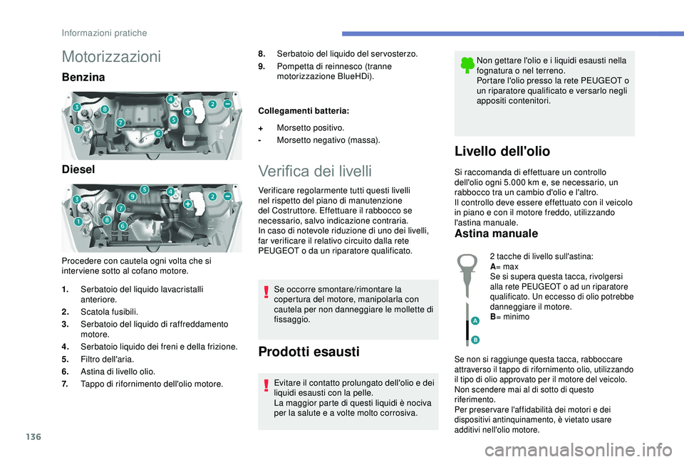 PEUGEOT PARTNER TEPEE ELECTRIC 2017 Manuale duso (in Italian) 136
Motorizzazioni
Benzina
Diesel
Procedere con cautela ogni volta che si
inter viene sotto al cofano motore.8.
Serbatoio del liquido del servosterzo.
9. Pompetta di reinnesco (tranne
motorizzazione PEUGEOT PARTNER TEPEE ELECTRIC 2017 Manuale duso (in Italian) 136
Motorizzazioni
Benzina
Diesel
Procedere con cautela ogni volta che si
inter viene sotto al cofano motore.8.
Serbatoio del liquido del servosterzo.
9. Pompetta di reinnesco (tranne
motorizzazione