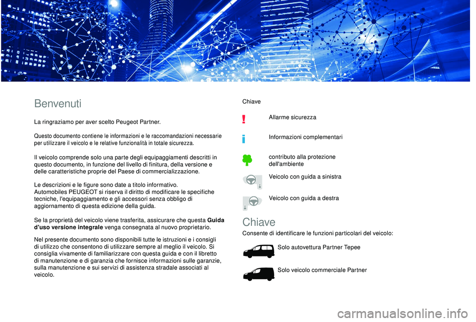 PEUGEOT PARTNER TEPEE ELECTRIC 2017 Manuale duso (in Italian) Benvenuti
La ringraziamo per aver scelto Peugeot Partner.
Questo documento contiene le informazioni e le raccomandazioni necessarie
per utilizzare il veicolo e le relative funzionalità in totale sic PEUGEOT PARTNER TEPEE ELECTRIC 2017 Manuale duso (in Italian) Benvenuti
La ringraziamo per aver scelto Peugeot Partner.
Questo documento contiene le informazioni e le raccomandazioni necessarie
per utilizzare il veicolo e le relative funzionalità in totale sic