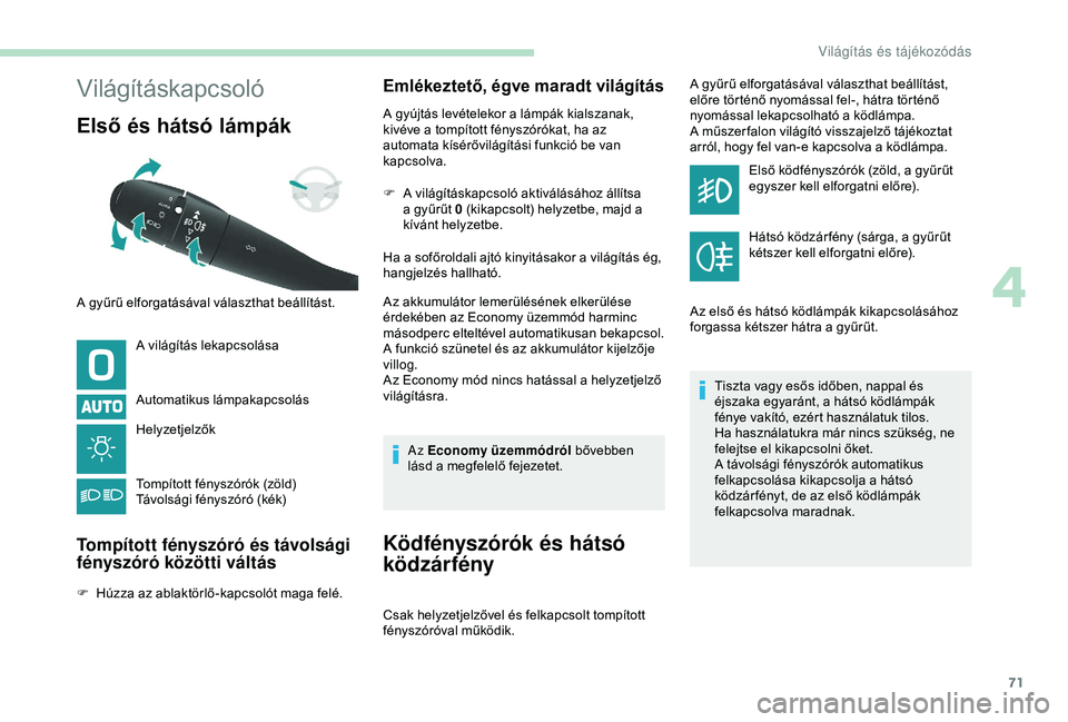 PEUGEOT PARTNER TEPEE ELECTRIC 2017 Kezelési útmutató (in Hungarian) 71
Világításkapcsoló
Első és hátsó lámpák
A világítás lekapcsolása
Automatikus lámpakapcsolás
Helyzetjelzők
Tompított fényszórók (zöld)
Távolsági fényszóró (kék)
Tompítot PEUGEOT PARTNER TEPEE ELECTRIC 2017 Kezelési útmutató (in Hungarian) 71
Világításkapcsoló
Első és hátsó lámpák
A világítás lekapcsolása
Automatikus lámpakapcsolás
Helyzetjelzők
Tompított fényszórók (zöld)
Távolsági fényszóró (kék)
Tompítot