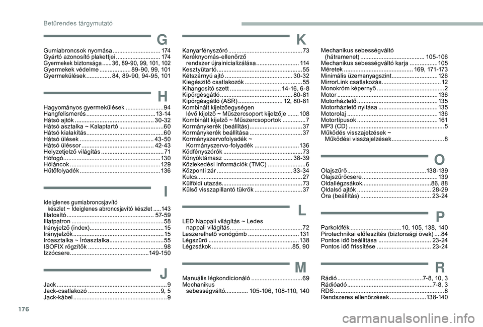 PEUGEOT PARTNER TEPEE ELECTRIC 2017  Kezelési útmutató (in Hungarian) 176
GGumiabroncsok nyomása .............................1 74
Gyártó azonosító plakettjei   ...........................174
Gyermekek biztonsága ......3 6, 89-90,  99, 101,  102Gyermekek védelme 