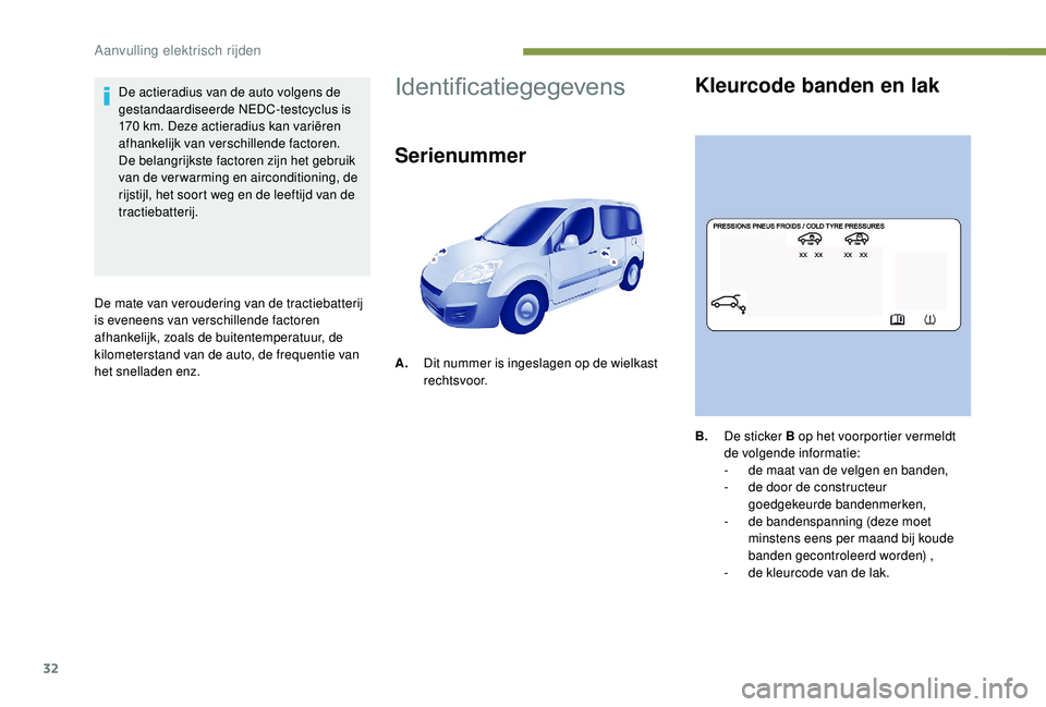 PEUGEOT PARTNER TEPEE ELECTRIC 2017  Instructieboekje (in Dutch) 32
De actieradius van de auto volgens de 
gestandaardiseerde NEDC-testcyclus is 
170  km. Deze actieradius kan variëren 
afhankelijk van verschillende factoren. 
De belangrijkste factoren zijn het ge