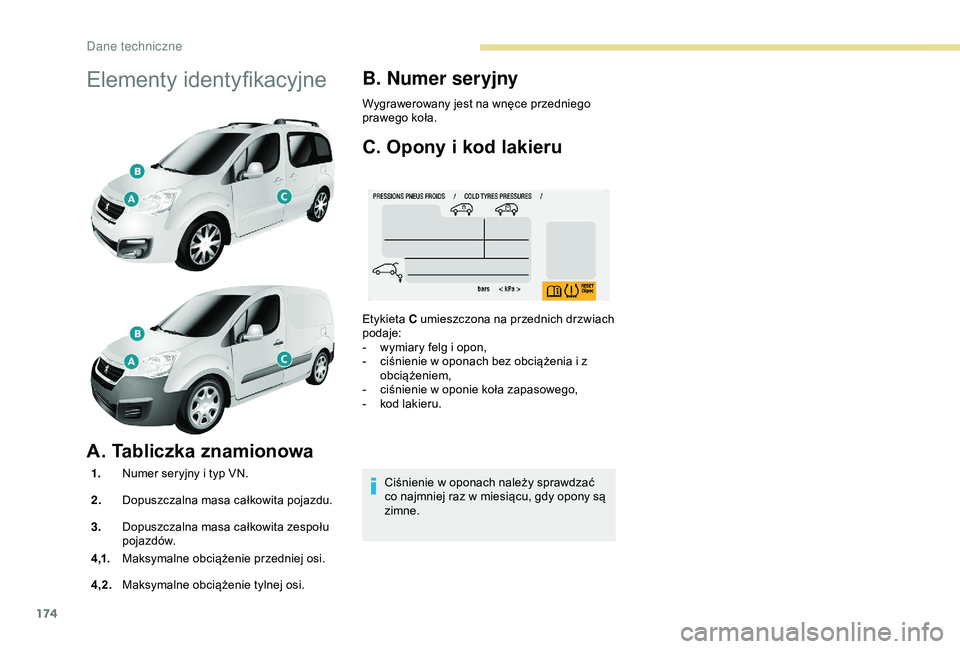 PEUGEOT PARTNER TEPEE ELECTRIC 2017  Instrukcja obsługi (in Polish) 174
Elementy identyfikacyjne
A. Tabliczka znamionowa
1.Numer seryjny i   typ VN.
2. Dopuszczalna masa całkowita pojazdu.
3. Dopuszczalna masa całkowita zespołu 
poja zdów.
4 ,1. Maksymalne obcią